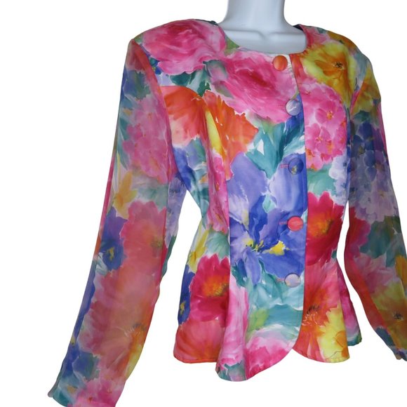 Vintage Floral Peplum Jacket Blouse Blazer Chiffon Sleeve Buttons Shoulder Pads - Picture 5 of 13